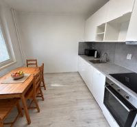 Küche in einer 2-Zimmer-Wohnung mit weißer Küchenzeile und Boden in Holzoptik.