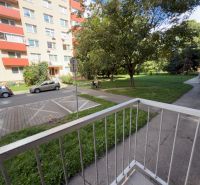 Blick auf die Štefánikova-Straße von einer 2-Zimmer-Wohnung in Senica mit angrenzenden Bäumen.