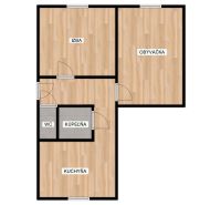 Grundriss einer 2-Zimmer-Wohnung mit Holzboden, Badezimmer und separatem WC.