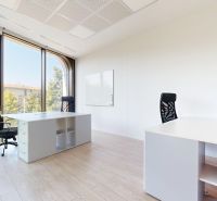 Geräumige Büros mit großen Fenstern und einem Boden in Holzoptik.