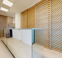 Büros mit Holzverkleidung und Glasgeländer.