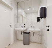 Modernes Badezimmer in Büros mit zwei Waschbecken, Spiegel und Marmorverkleidung.