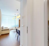 Innenraum einer 2-Zimmer-Wohnung mit Holzboden und moderner Sitzgelegenheit.