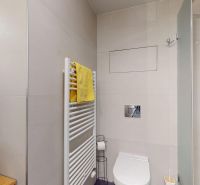 Badezimmer in einer 2-Zimmer-Wohnung mit Badewanne, Dusche und hängendem WC in hellen Farbtönen.
