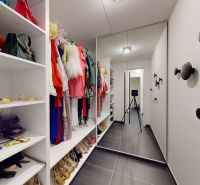 Ein Kleiderschrank in einer 2-Zimmer-Wohnung mit Regalen voller Handtaschen und Schuhe.