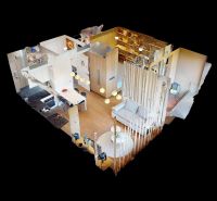 3D-Grundriss einer 2-Zimmer-Wohnung mit Holzboden und Möbeln.