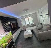 Wohnzimmer einer Zweizimmerwohnung mit Holzboden, Sofa und Aquarium.
