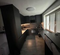Moderne Küche in einer 2-Zimmer-Wohnung mit elegantem Design und großen Fenstern.