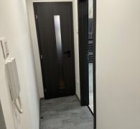 Der Flur in einer 2-Zimmer-Wohnung mit dunklen Türen und einer Gegensprechanlage an der Wand.