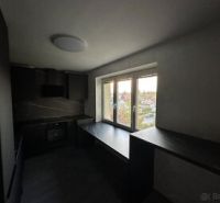 Küche in einer 2-Zimmer-Wohnung mit dunklen Möbeln und Blick aus dem Fenster.