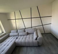 Innenraum einer 2-Zimmer-Wohnung mit einem bequemen Sofa und einem Boden in Holzoptik.