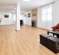 Wohnzimmer in einer 2-Zimmer-Wohnung mit Holzboden und einem bequemen roten Sofa.