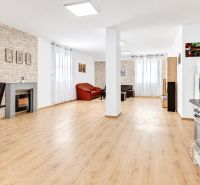 Geräumiges Wohnzimmer in einer 2-Zimmer-Wohnung mit Holzboden und Kamin.