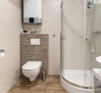 Badezimmer in einer 2-Zimmer-Wohnung, Duschkabine, Waschbecken und Toilette mit Holzdekor am Boden.