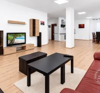 Ein geräumiges Wohnzimmer mit einem roten Sofa, einem Fernseher und einem Boden in Holzoptik.