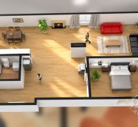 Der 3D-Grundriss zeigt die Aufteilung einer 2-Zimmer-Wohnung mit einem Boden in Holzoptik.