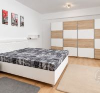 Schlafzimmer mit Bett, Kleiderschrank und Holzboden in einer 2-Zimmer-Wohnung.