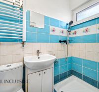 Ein Badezimmer in einem Einfamilienhaus mit blauen Fliesen und weißer Ausstattung.