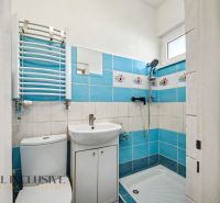 Ein Badezimmer in einem Einfamilienhaus mit weißer Sanitärausstattung und blauen Fliesen.