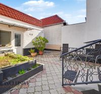 Der Hof eines Einfamilienhauses in Trstice mit einer Terrasse und Blumenbeeten in Pflanzgefäßen.