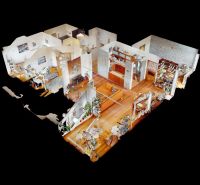 3D-Grundriss einer 4-Zimmer-Wohnung mit Holzboden und hellen Möbeln.