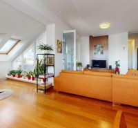 Wohnzimmer in einer 4-Zimmer-Wohnung mit Holzboden und Dachfenstern.