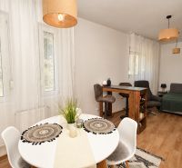 Innenraum einer Einzimmerwohnung mit Holzboden, Esstisch und Sofa.