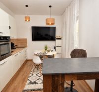 Küche in einer Einzimmerwohnung mit Holzboden und Esstisch.