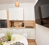 Küchenzeile in einer Einzimmerwohnung mit weißen Schränken und einem Boden in Holzoptik.