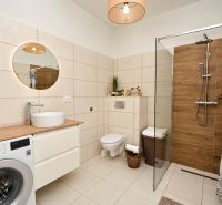Badezimmer mit Waschmaschine, Duschkabine und Boden mit Holzdekor in einer Einzimmerwohnung.