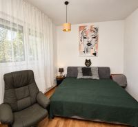 Schlafzimmer in einer Einzimmerwohnung mit Sessel, Bett und Boden in Holzoptik.