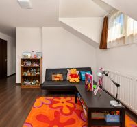 Kinderzimmer mit Holzboden, Spielzeug und Sofa in einem Einfamilienhaus.