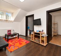 Wohnzimmer mit buntem Teppich und Fernseher, Holzboden in einem Einfamilienhaus.