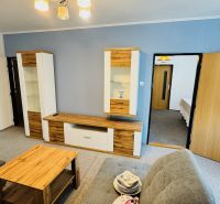 Wohnzimmer in einer 3-Zimmer-Wohnung mit grauen Wänden und Holzmöbeldekor.