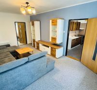 Wohnzimmer mit grauem Sofa und Möbeln in einer 3-Zimmer-Wohnung, Boden mit Holzdekor.