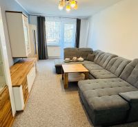 Wohnzimmer in einer 3-Zimmer-Wohnung mit einem bequemen Sofa und einem Boden in Holzoptik.