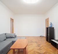 Wohnzimmer mit grauem Sofa und Holzboden in einer 2-Zimmer-Wohnung.