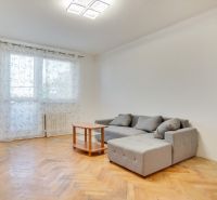 Wohnzimmer in einer Zweizimmerwohnung mit Holzboden und grauem Sofa.