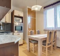 Küche einer 2-Zimmer-Wohnung mit Esstisch, Küchenzeile und großem Fenster.