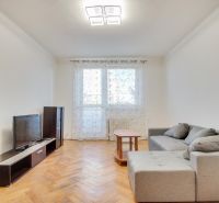 Wohnzimmer mit Sofa und Fernseher in einer 2-Zimmer-Wohnung, Boden mit Holzdekor.