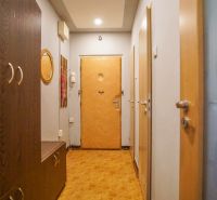 Ein enger Flur in einer 2-Zimmer-Wohnung mit einem Boden in Holzoptik und Holzmöbeln.