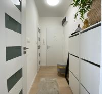 Ein Flur mit weißen Wänden und Möbeln in einer 3-Zimmer-Wohnung, dekoriert mit Pflanzen.