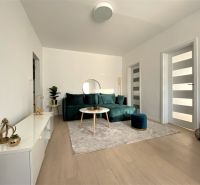 Wohnzimmer mit Sofa und Dekorationen in einer 3-Zimmer-Wohnung, helles Interieur.
