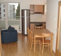 Küche verbunden mit Esszimmer, Holzboden-Dekor, Sitzgelegenheit in einer 3-Zimmer-Wohnung.