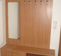 Diele mit Garderoben und Spiegel, Boden mit Holzdekor, in einer 3-Zimmer-Wohnung.