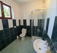 Badezimmer mit Toilette, Duschkabine und Waschbecken in Büroräumen.