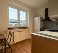 Küche in einer Einzimmerwohnung mit Holzboden und Blick aus dem Fenster.