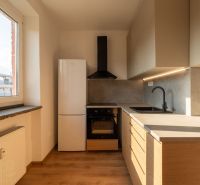 Küche in einer Einzimmerwohnung mit Küchenzeile, Boden in Holzoptik und Fenster.