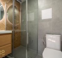 Badezimmer mit Dusche, Waschbecken und Toilette in einer Einzimmerwohnung.
