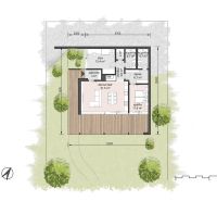 Grundriss eines einstöckigen Einfamilienhauses mit Garten und Terrasse in Častkovce.